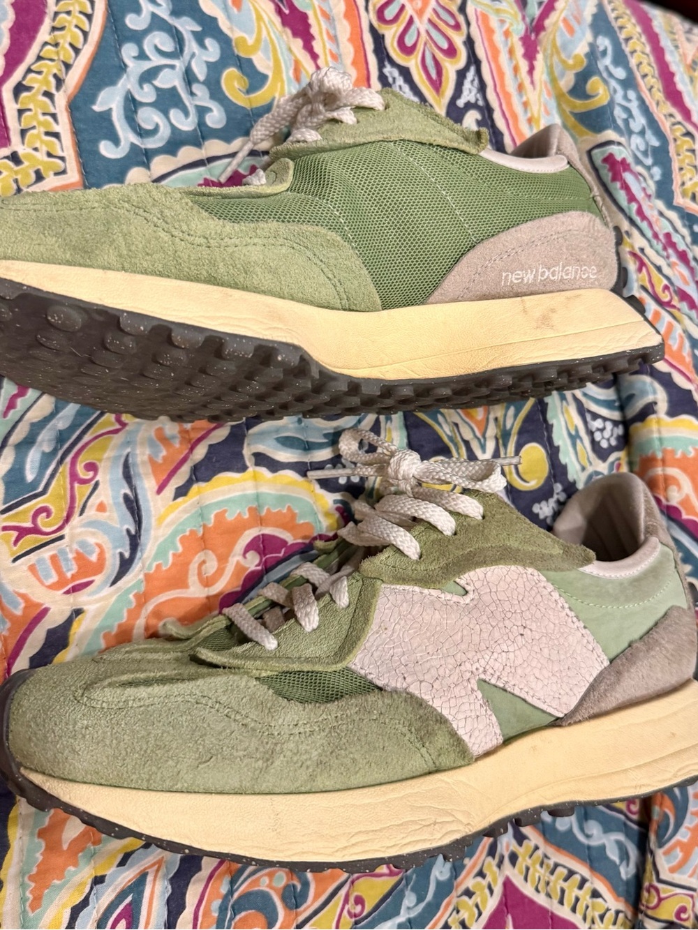 New Balance 327 Lime Green Suede Mesh Sneaker with Cream Accents and White Laces - Picture 4 of 8